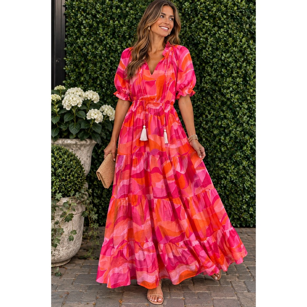 THML Pink Orange Abstract Print Tiered Maxi Dress Smocked Waist Pockets L